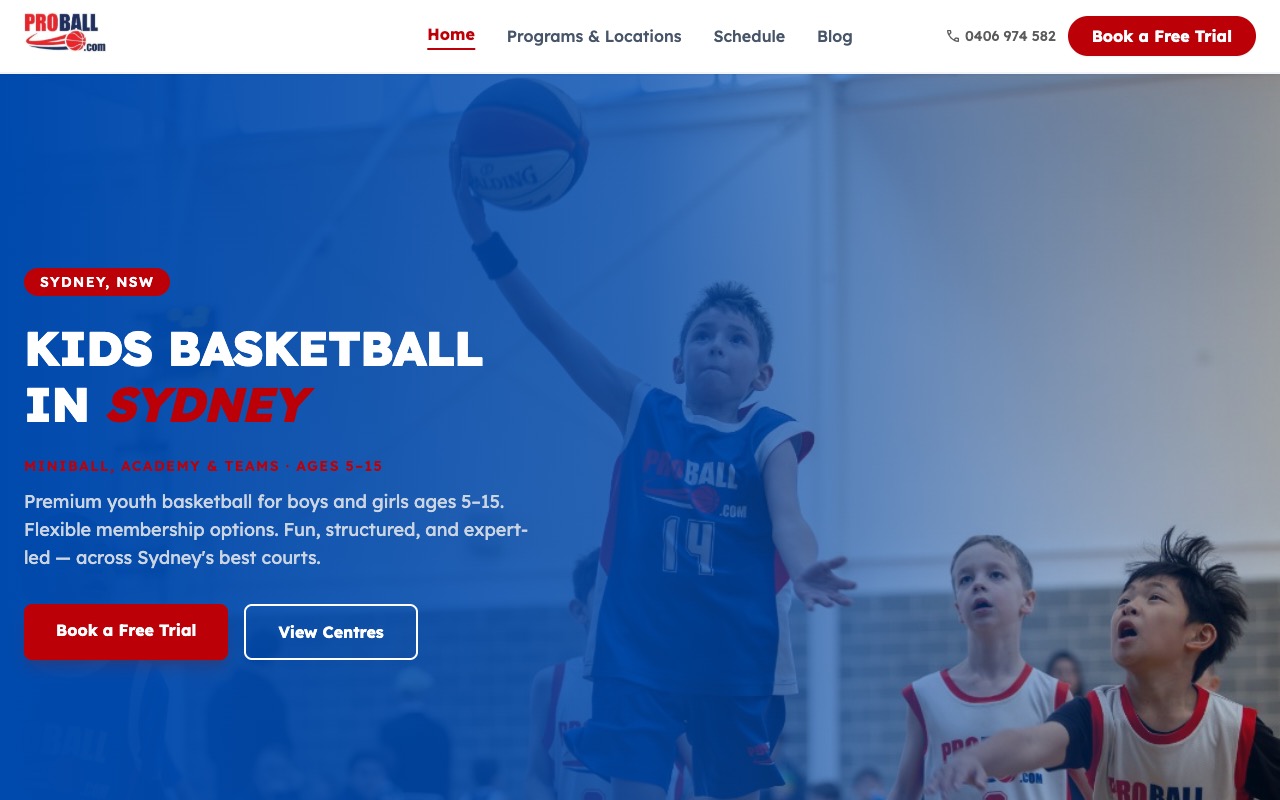 ProBall youth basketball training website homepage design